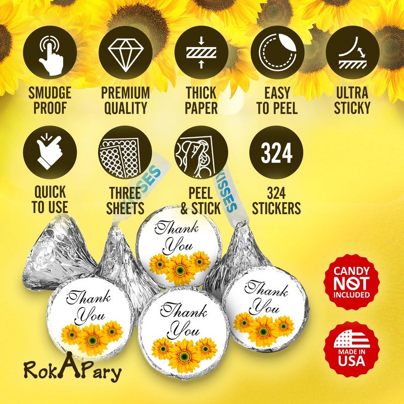 RokAPary 324 Sunflower Thank You Kisses Wedding Stickers, Floral Chocolate Drops Labels Stickers for Weddings, Bridal Shower Engagement Party, Party Favors for Kisses. Bride and Groom Favors. Made in USA - Image 4